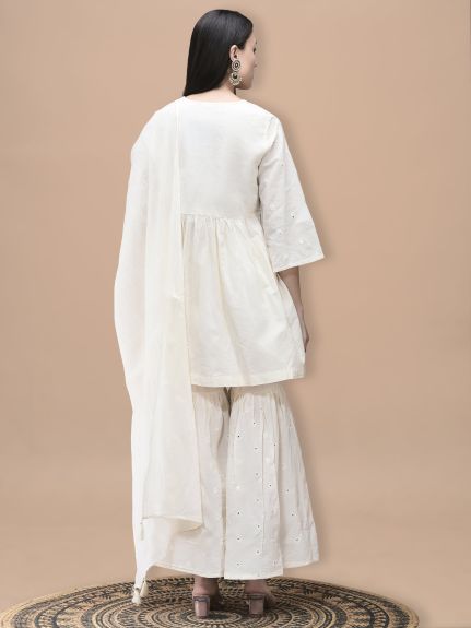 Shree Women Cotton Off White Embroidered Kurta Sharara Dupatta